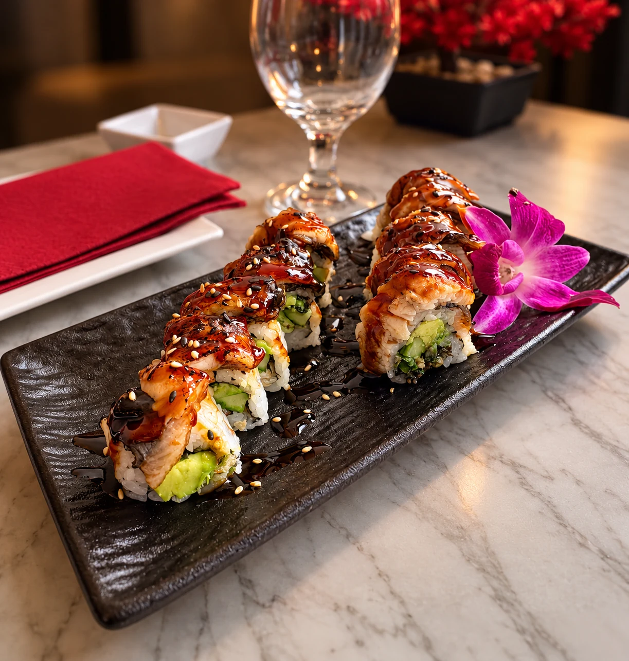 Sushi rolls with sauce